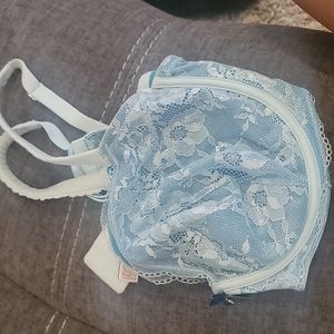 Victorias Secret Unlined Demi bra blue and silver lace 36 DDD/F